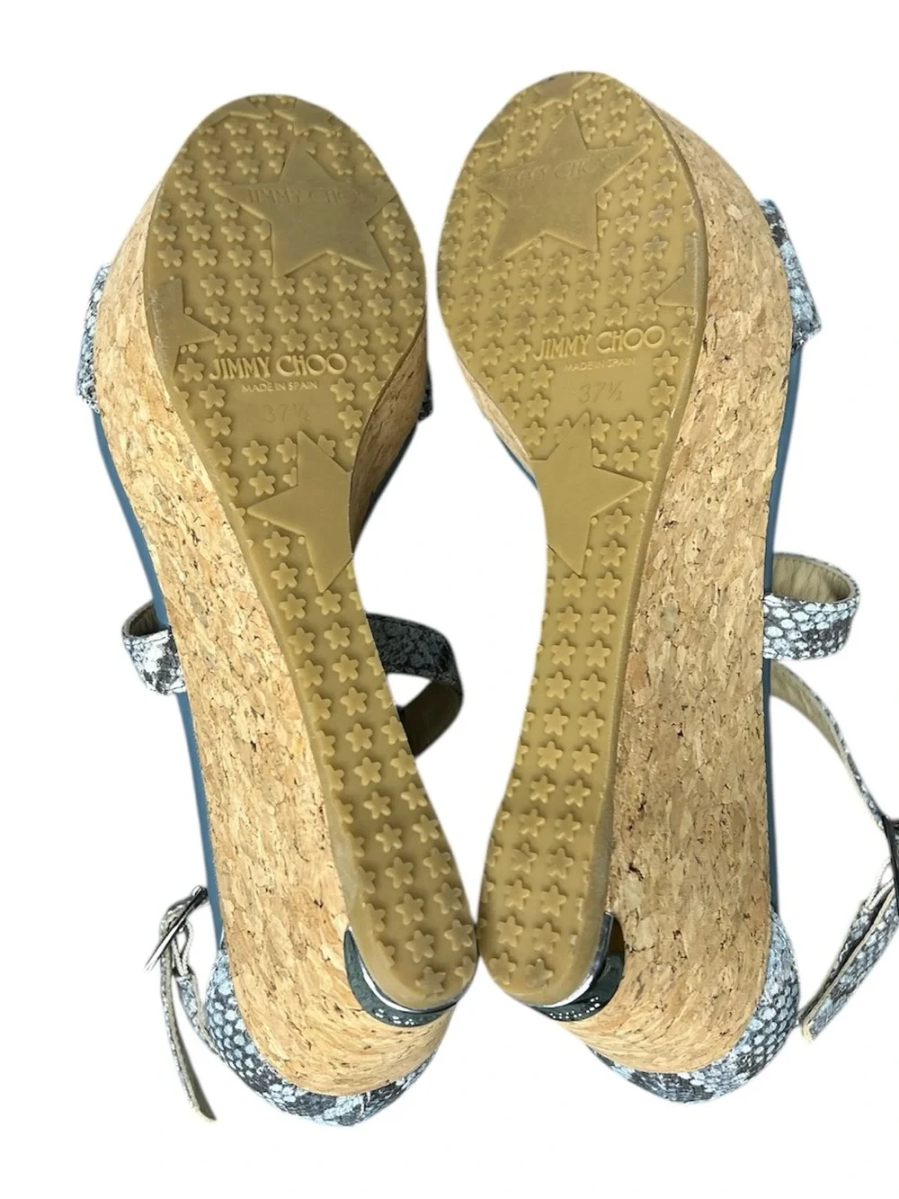 Jimmy Choo Portia Snake Embossed Cork Wedge Sandals Platform Designer Size 37.5